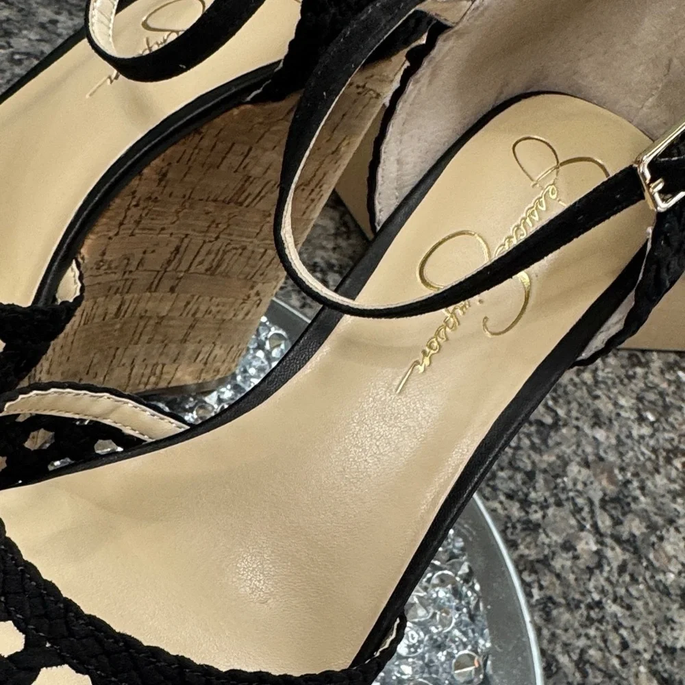 Jessica Simpson Black Crochet Wedges with Cork Platform NEW 9